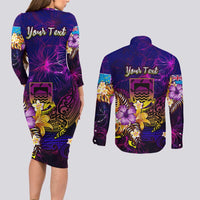 Tuvalu Couples Matching Long Sleeve Bodycon Dress and Long Sleeve Button Shirt Whale Hibiscus Polynesian DT02 - Polynesian Pride