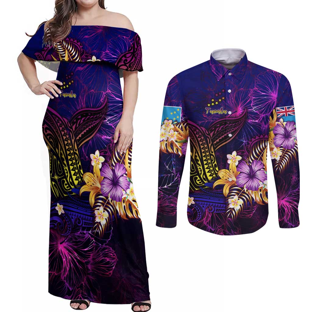 Tuvalu Couples Matching Off Shoulder Maxi Dress and Long Sleeve Button Shirt Whale Hibiscus Polynesian DT02 Purple - Polynesian Pride