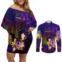 Tuvalu Couples Matching Off Shoulder Short Dress and Long Sleeve Button Shirt Whale Hibiscus Polynesian DT02 Purple - Polynesian Pride
