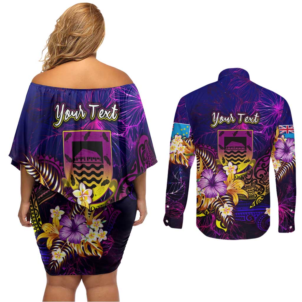 Tuvalu Couples Matching Off Shoulder Short Dress and Long Sleeve Button Shirt Whale Hibiscus Polynesian DT02 - Polynesian Pride
