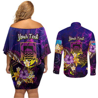 Tuvalu Couples Matching Off Shoulder Short Dress and Long Sleeve Button Shirt Whale Hibiscus Polynesian DT02 - Polynesian Pride