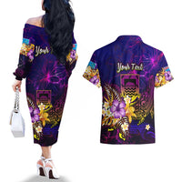 Tuvalu Couples Matching Off The Shoulder Long Sleeve Dress and Hawaiian Shirt Whale Hibiscus Polynesian