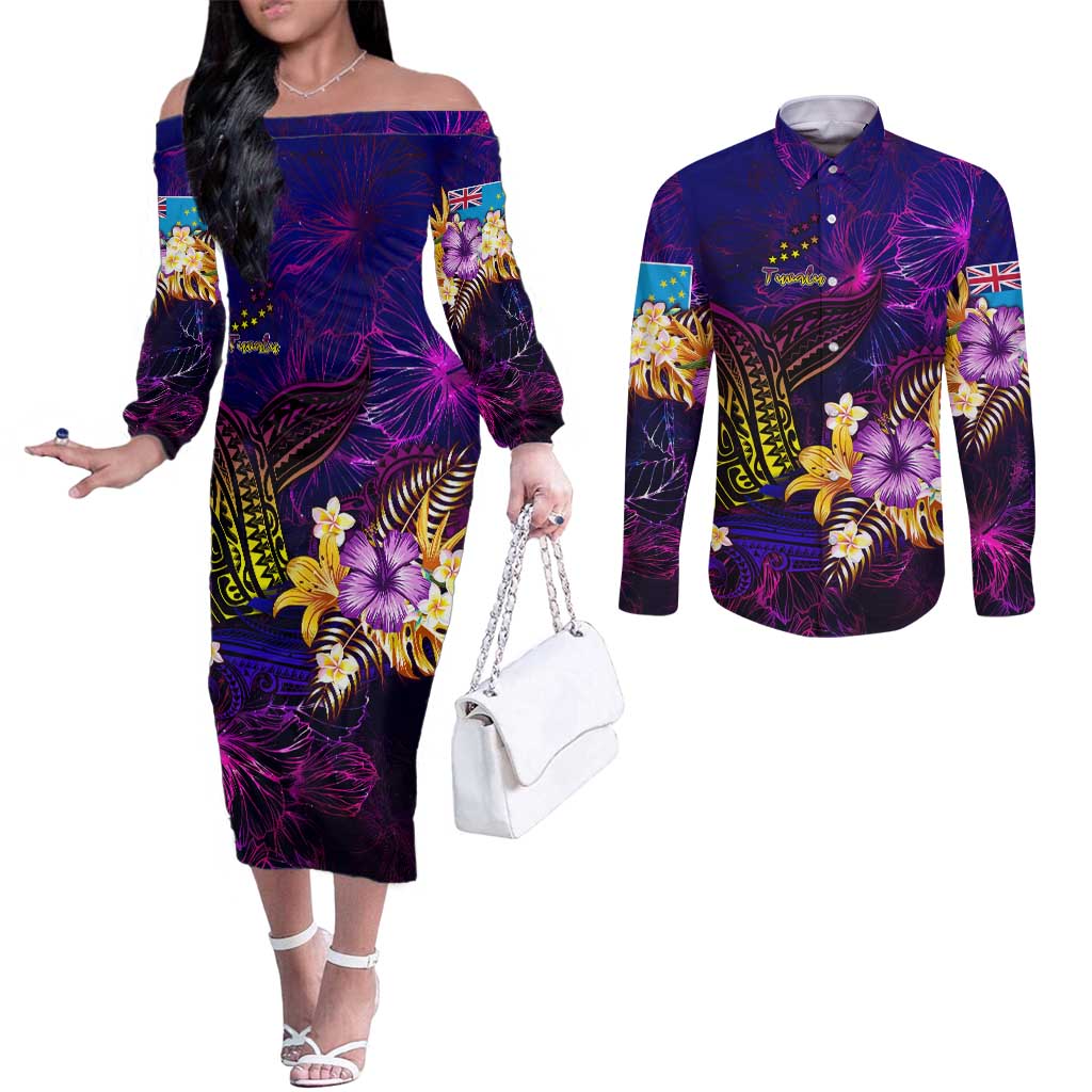 Tuvalu Couples Matching Off The Shoulder Long Sleeve Dress and Long Sleeve Button Shirt Whale Hibiscus Polynesian DT02 Purple - Polynesian Pride