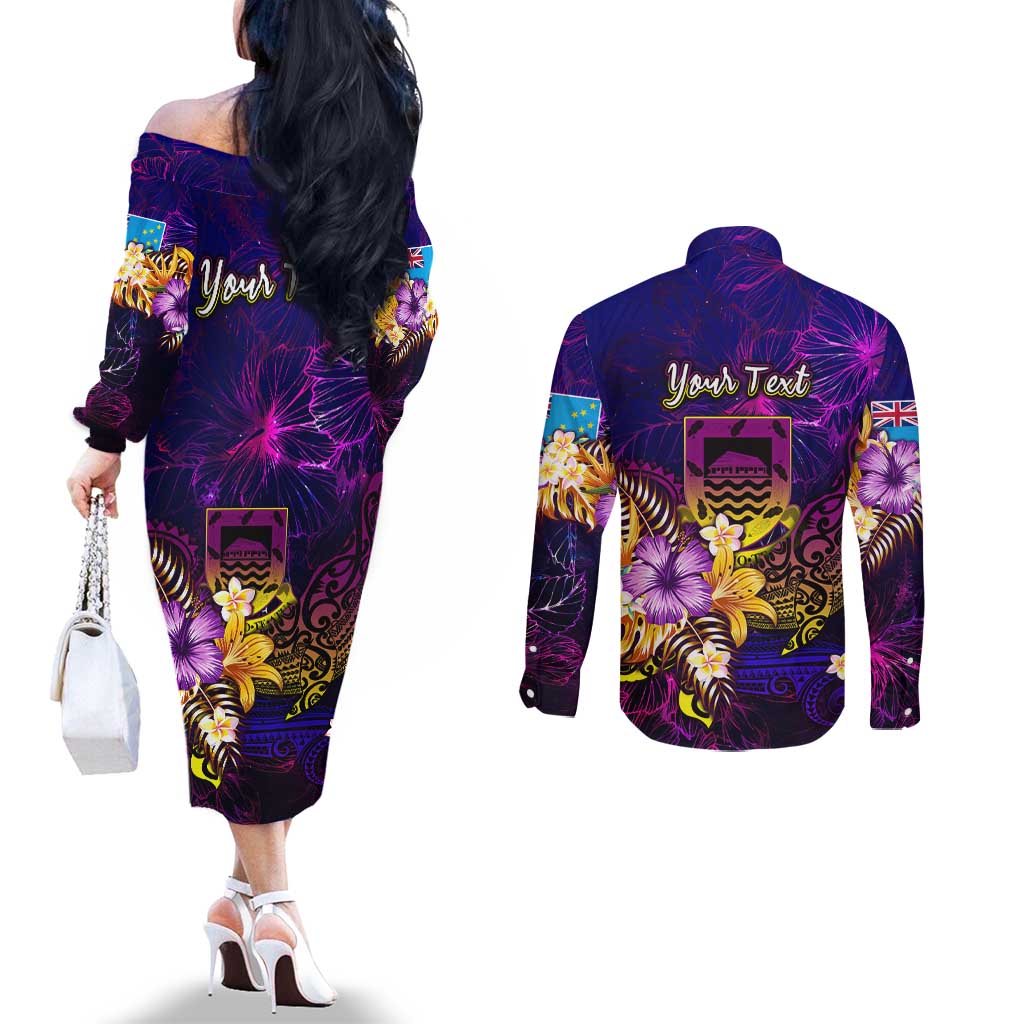 Tuvalu Couples Matching Off The Shoulder Long Sleeve Dress and Long Sleeve Button Shirt Whale Hibiscus Polynesian DT02 - Polynesian Pride