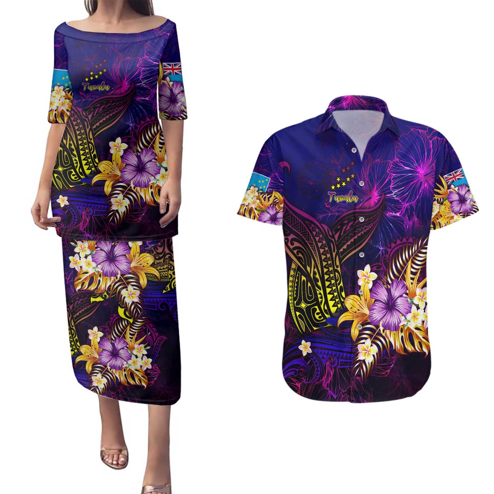 Tuvalu Couples Matching Puletasi and Hawaiian Shirt Whale Hibiscus Polynesian