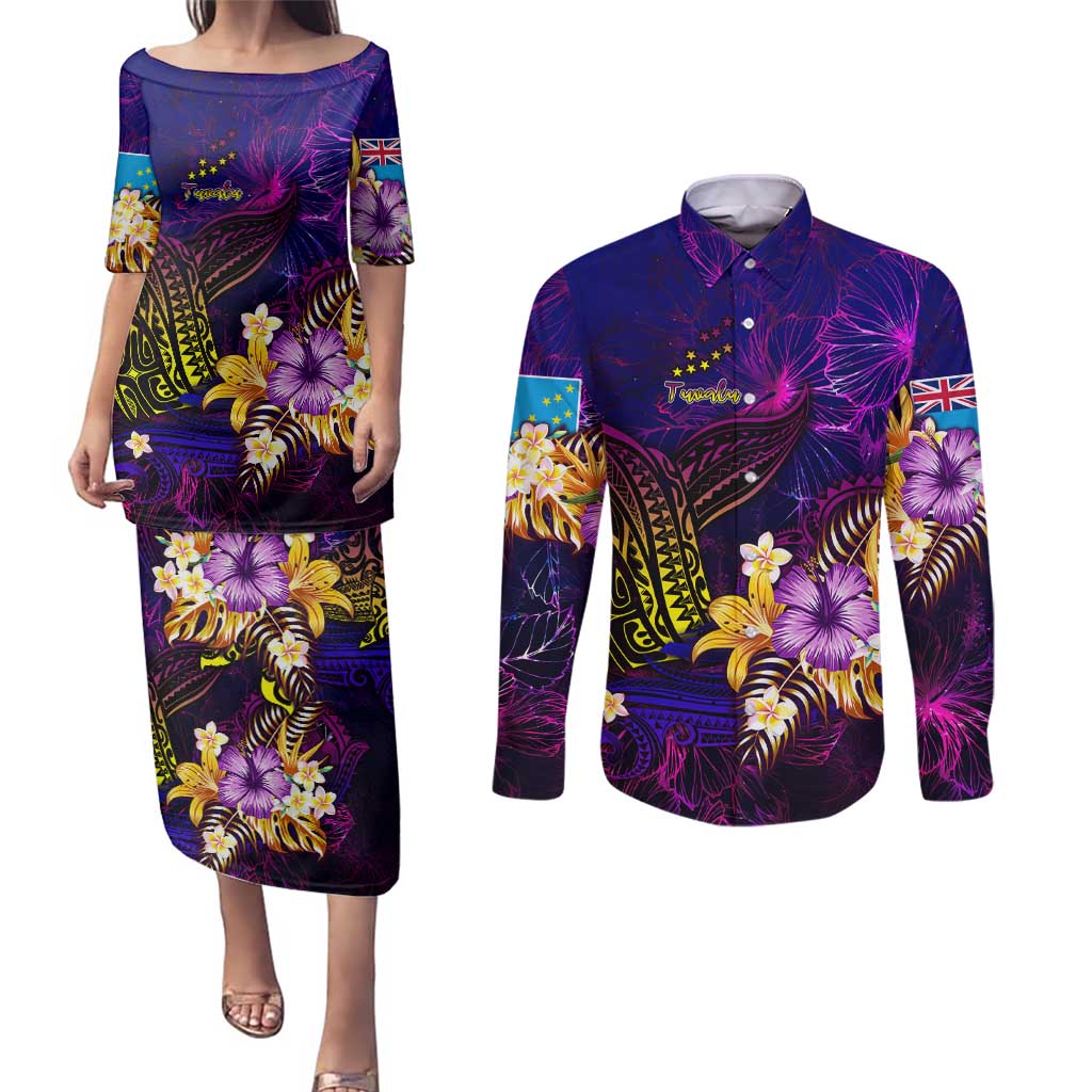 Tuvalu Couples Matching Puletasi and Long Sleeve Button Shirt Whale Hibiscus Polynesian DT02 Purple - Polynesian Pride