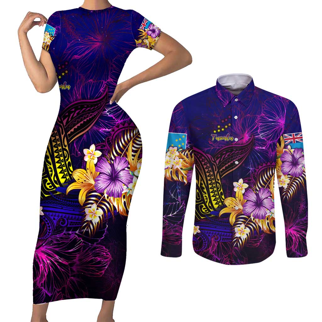 Tuvalu Couples Matching Short Sleeve Bodycon Dress and Long Sleeve Button Shirt Whale Hibiscus Polynesian DT02 Purple - Polynesian Pride