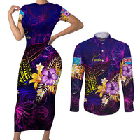 Tuvalu Couples Matching Short Sleeve Bodycon Dress and Long Sleeve Button Shirt Whale Hibiscus Polynesian DT02 Purple - Polynesian Pride