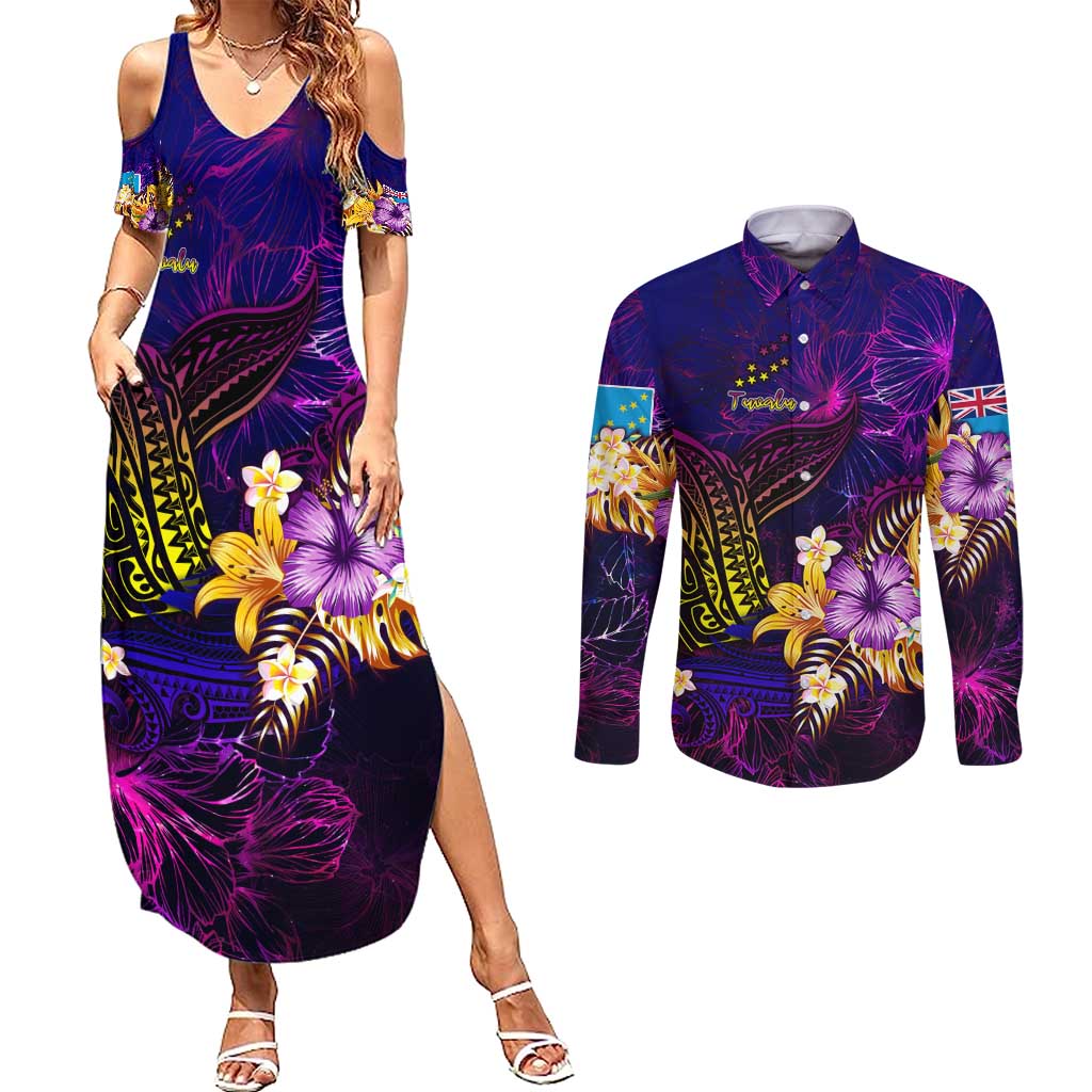 Tuvalu Couples Matching Summer Maxi Dress and Long Sleeve Button Shirt Whale Hibiscus Polynesian DT02 Purple - Polynesian Pride