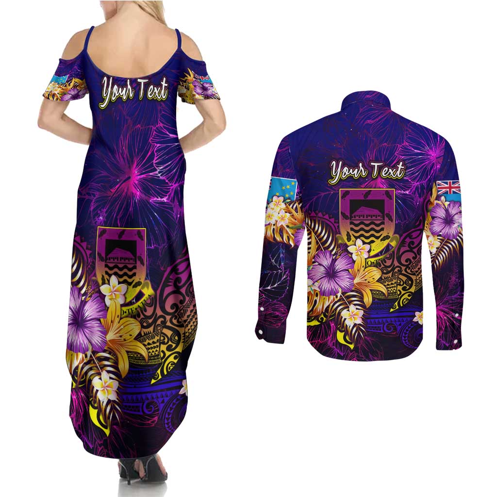 Tuvalu Couples Matching Summer Maxi Dress and Long Sleeve Button Shirt Whale Hibiscus Polynesian DT02 - Polynesian Pride