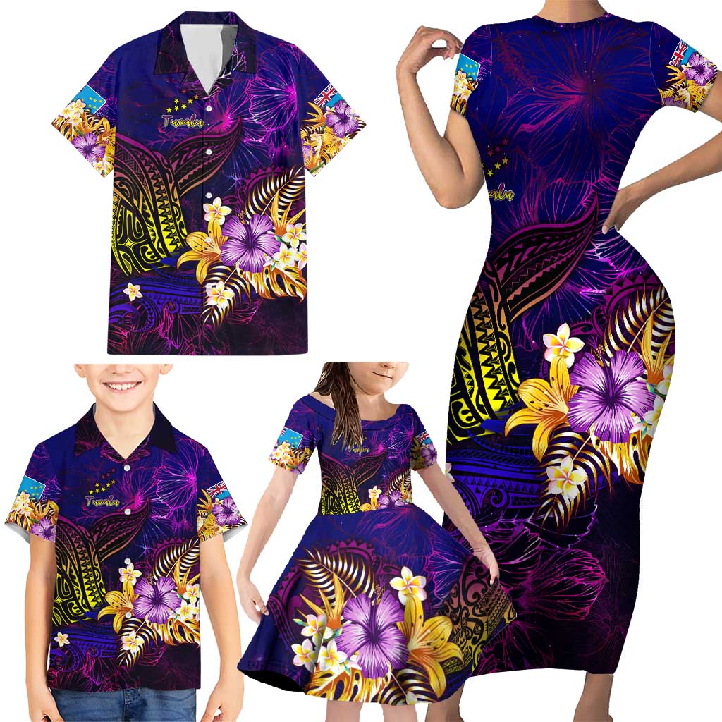 Tuvalu Family Matching Short Sleeve Bodycon Dress and Hawaiian Shirt Whale Hibiscus Polynesian