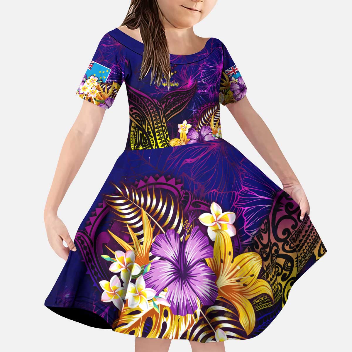 Tuvalu Kid Short Sleeve Dress Whale Hibiscus Polynesian DT02 KID Purple - Polynesian Pride