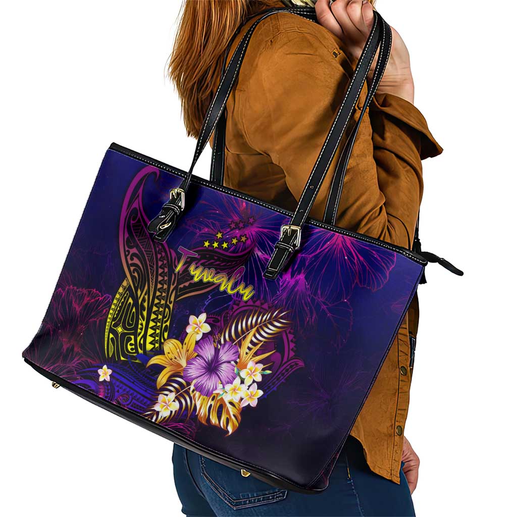 Tuvalu Leather Tote Bag Whale Hibiscus Polynesian