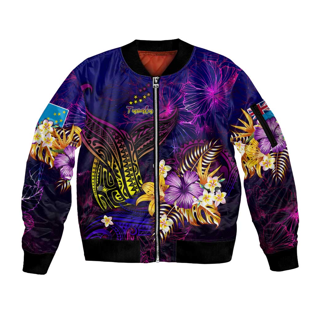 Tuvalu Sleeve Zip Bomber Jacket Whale Hibiscus Polynesian