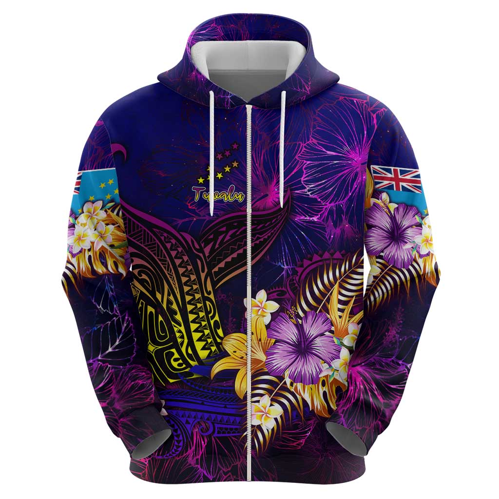 Tuvalu Zip Hoodie Whale Hibiscus Polynesian