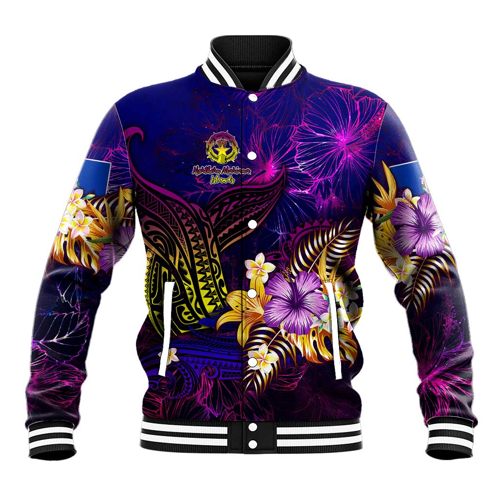 Northern Mariana Islands Baseball Jacket Whale Hibiscus Polynesian DT02 Unisex Purple - Polynesian Pride