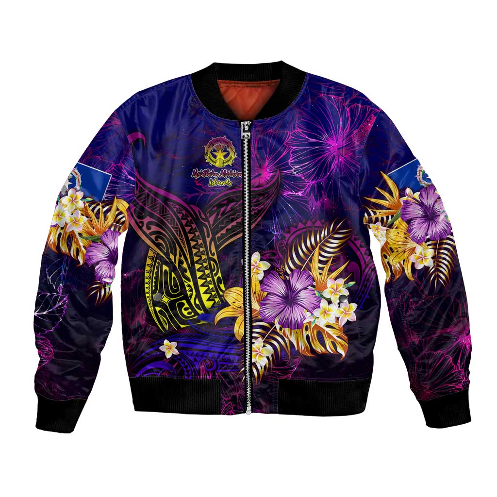 Northern Mariana Islands Bomber Jacket Whale Hibiscus Polynesian