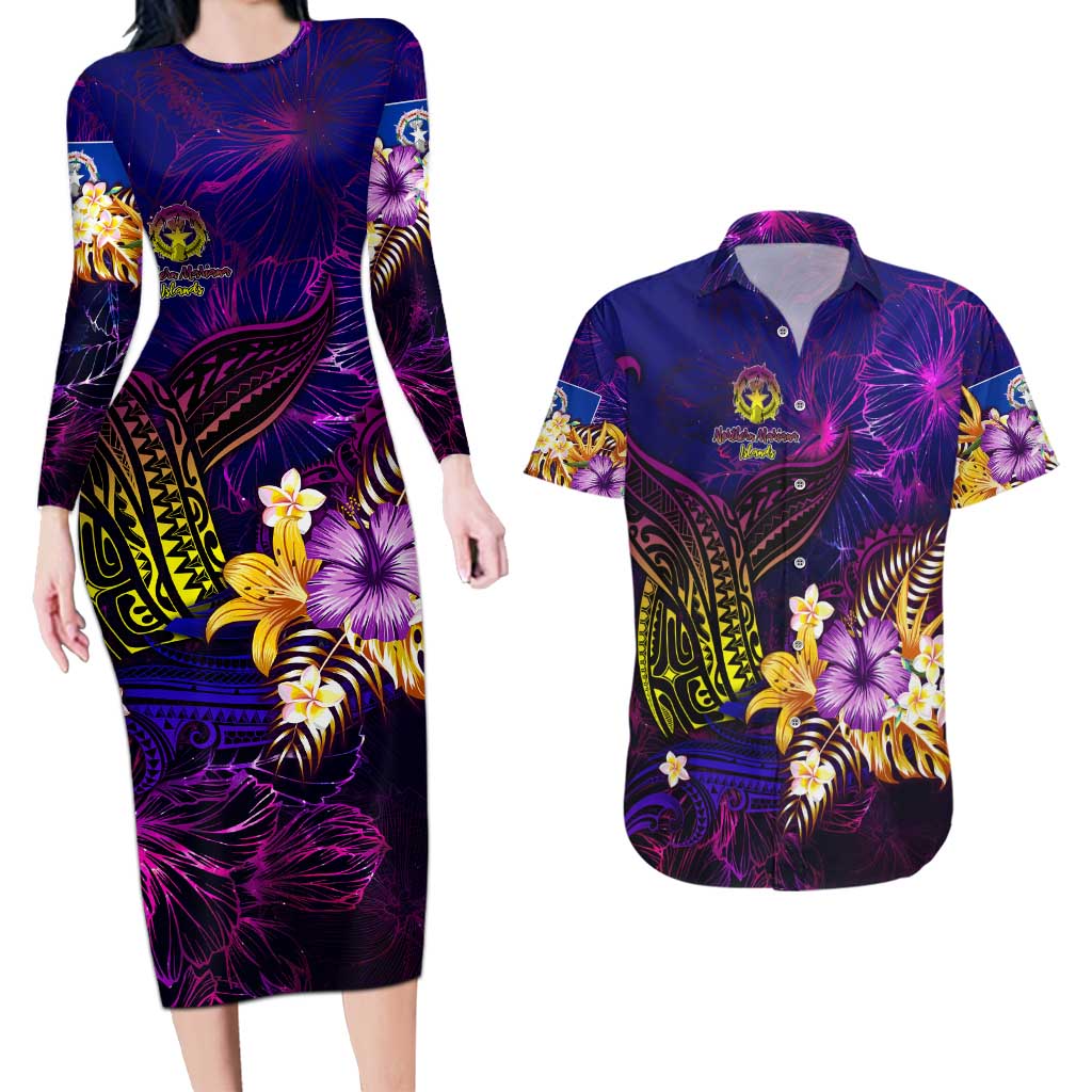 Northern Mariana Islands Couples Matching Long Sleeve Bodycon Dress and Hawaiian Shirt Whale Hibiscus Polynesian