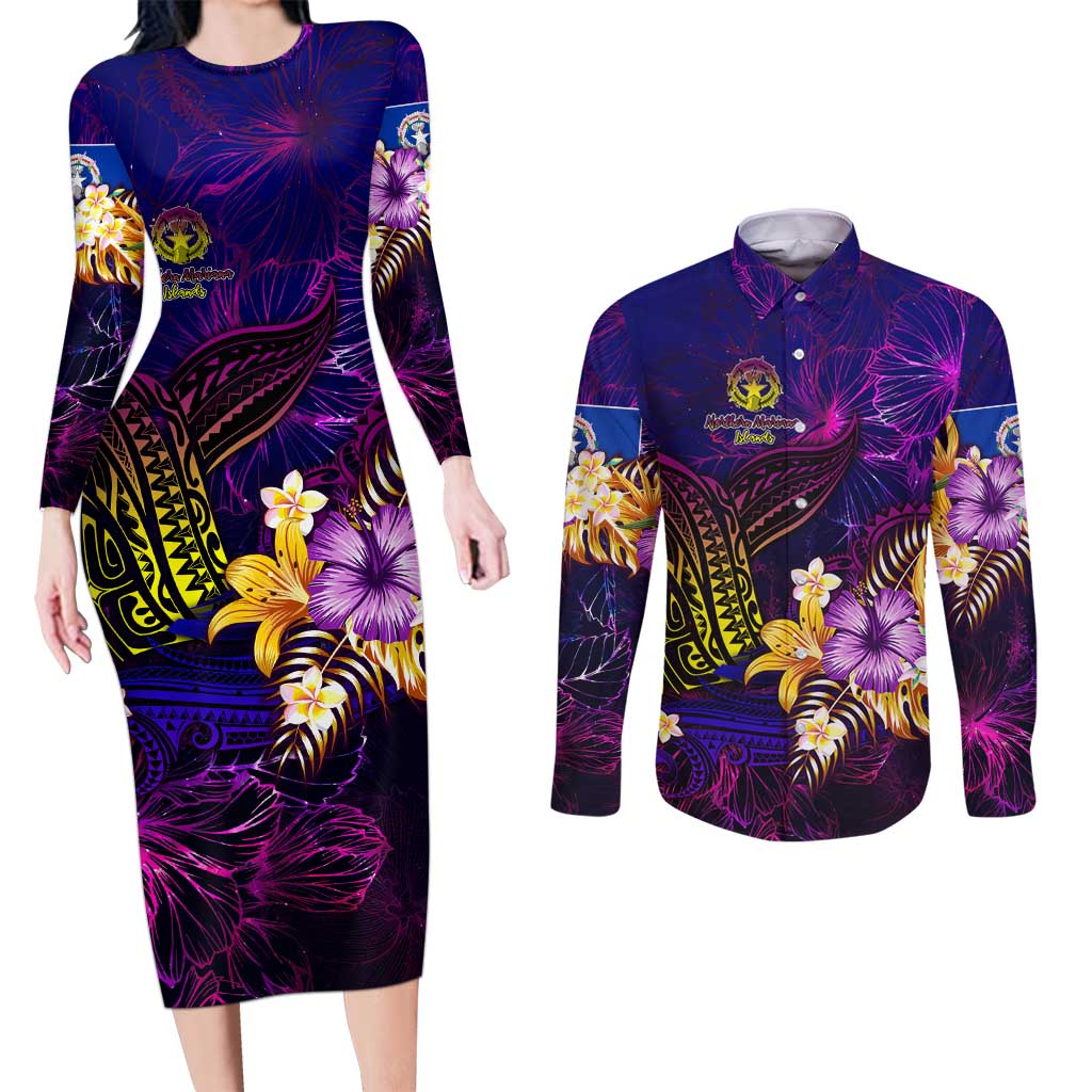 Northern Mariana Islands Couples Matching Long Sleeve Bodycon Dress and Long Sleeve Button Shirt Whale Hibiscus Polynesian