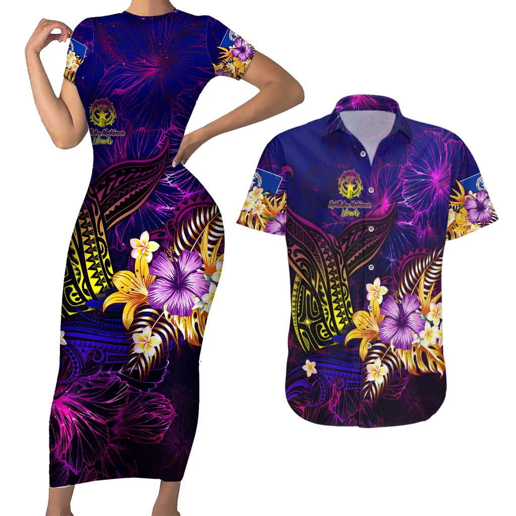 Northern Mariana Islands Couples Matching Short Sleeve Bodycon Dress and Hawaiian Shirt Whale Hibiscus Polynesian