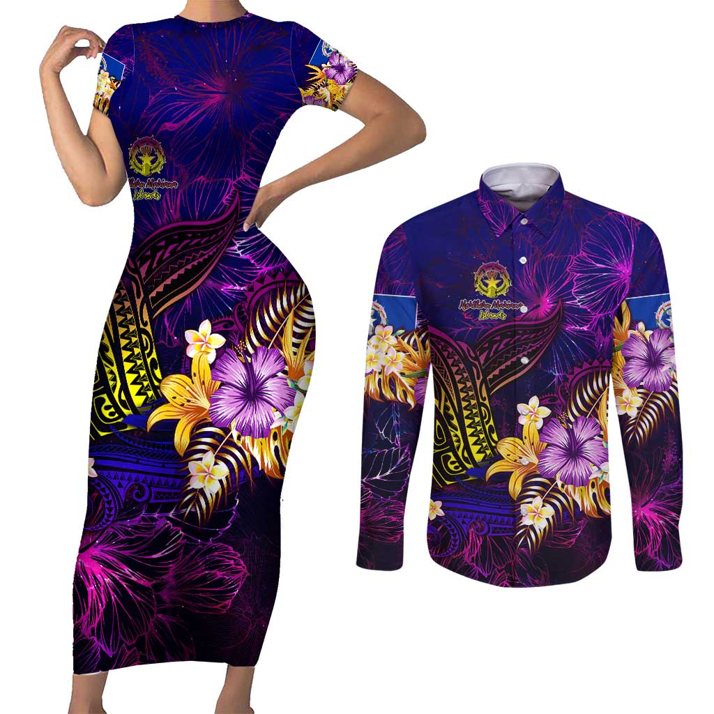 Northern Mariana Islands Couples Matching Short Sleeve Bodycon Dress and Long Sleeve Button Shirt Whale Hibiscus Polynesian