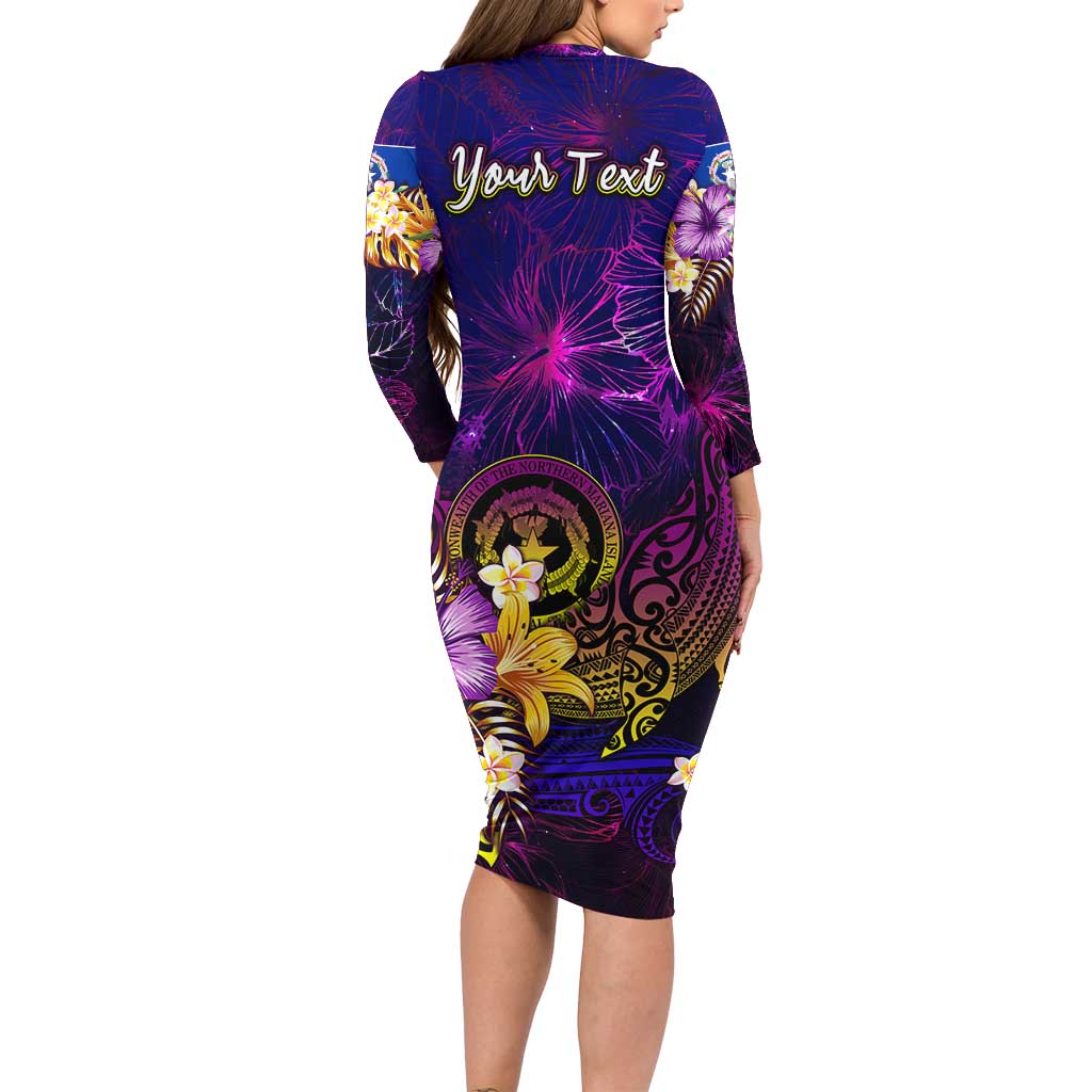 Northern Mariana Islands Long Sleeve Bodycon Dress Whale Hibiscus Polynesian