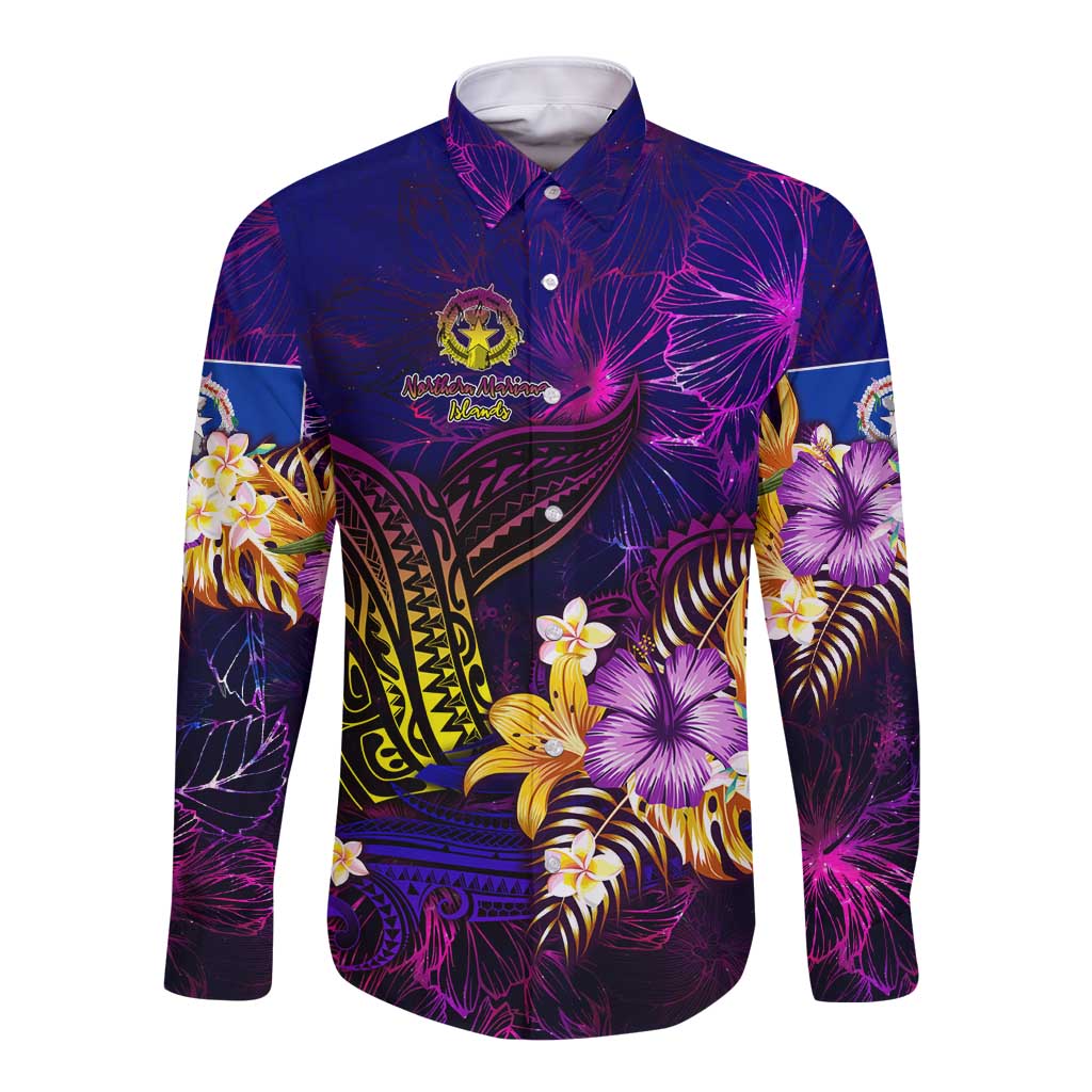 Northern Mariana Islands Long Sleeve Button Shirt Whale Hibiscus Polynesian