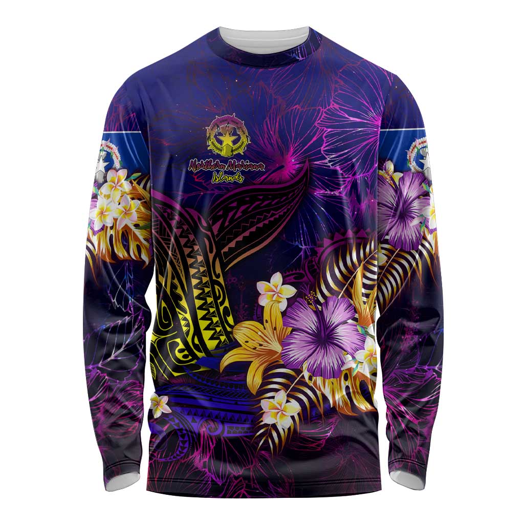 Northern Mariana Islands Long Sleeve Shirt Whale Hibiscus Polynesian