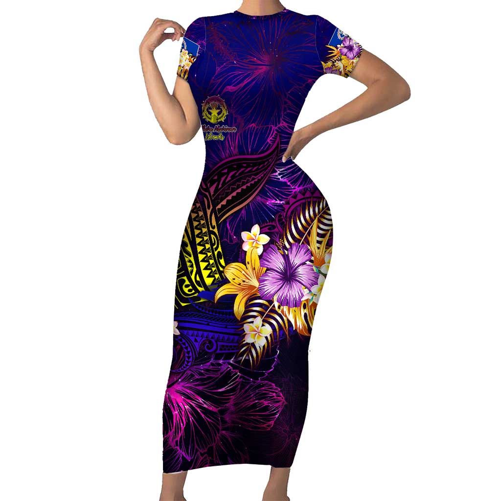 Northern Mariana Islands Short Sleeve Bodycon Dress Whale Hibiscus Polynesian