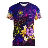 Northern Mariana Islands Women V-Neck T-Shirt Whale Hibiscus Polynesian