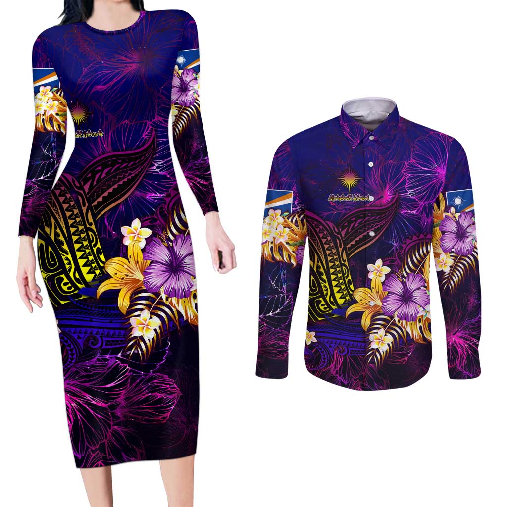 Marshall Islands Couples Matching Long Sleeve Bodycon Dress and Long Sleeve Button Shirt Whale Hibiscus Polynesian