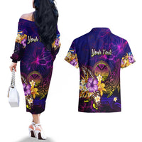 Marshall Islands Couples Matching Off The Shoulder Long Sleeve Dress and Hawaiian Shirt Whale Hibiscus Polynesian