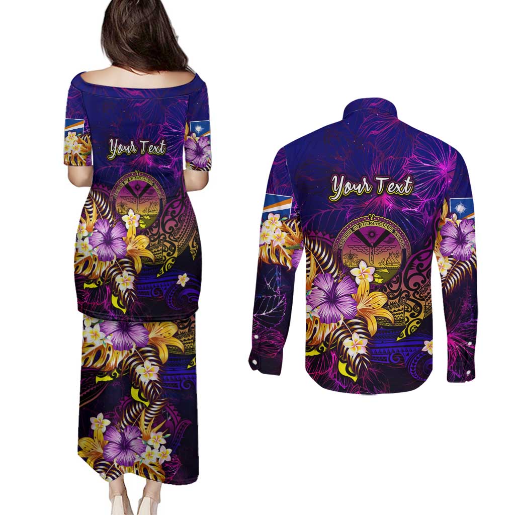 Marshall Islands Couples Matching Puletasi and Long Sleeve Button Shirt Whale Hibiscus Polynesian