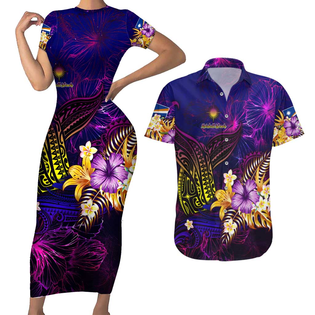 Marshall Islands Couples Matching Short Sleeve Bodycon Dress and Hawaiian Shirt Whale Hibiscus Polynesian