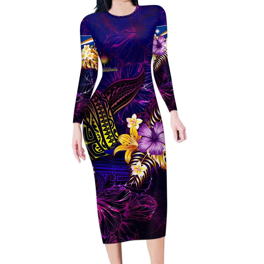 Marshall Islands Long Sleeve Bodycon Dress Whale Hibiscus Polynesian