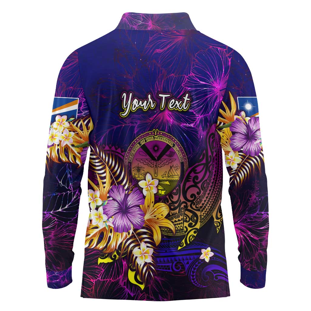 Marshall Islands Long Sleeve Polo Shirt Whale Hibiscus Polynesian