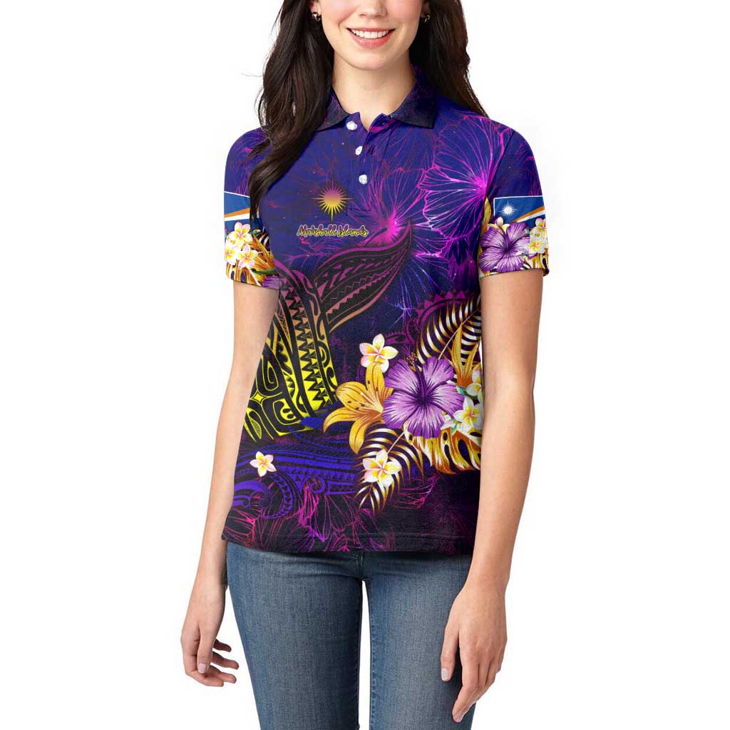 Marshall Islands Women Polo Shirt Whale Hibiscus Polynesian