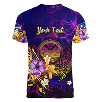 Marshall Islands Women V-Neck T-Shirt Whale Hibiscus Polynesian