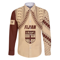 Fiji Bula Family Matching Puletasi Dress and Hawaiian Shirt Tapa Pattern Design DT02 Dad's Shirt - Long Sleeve Beige - Polynesian Pride