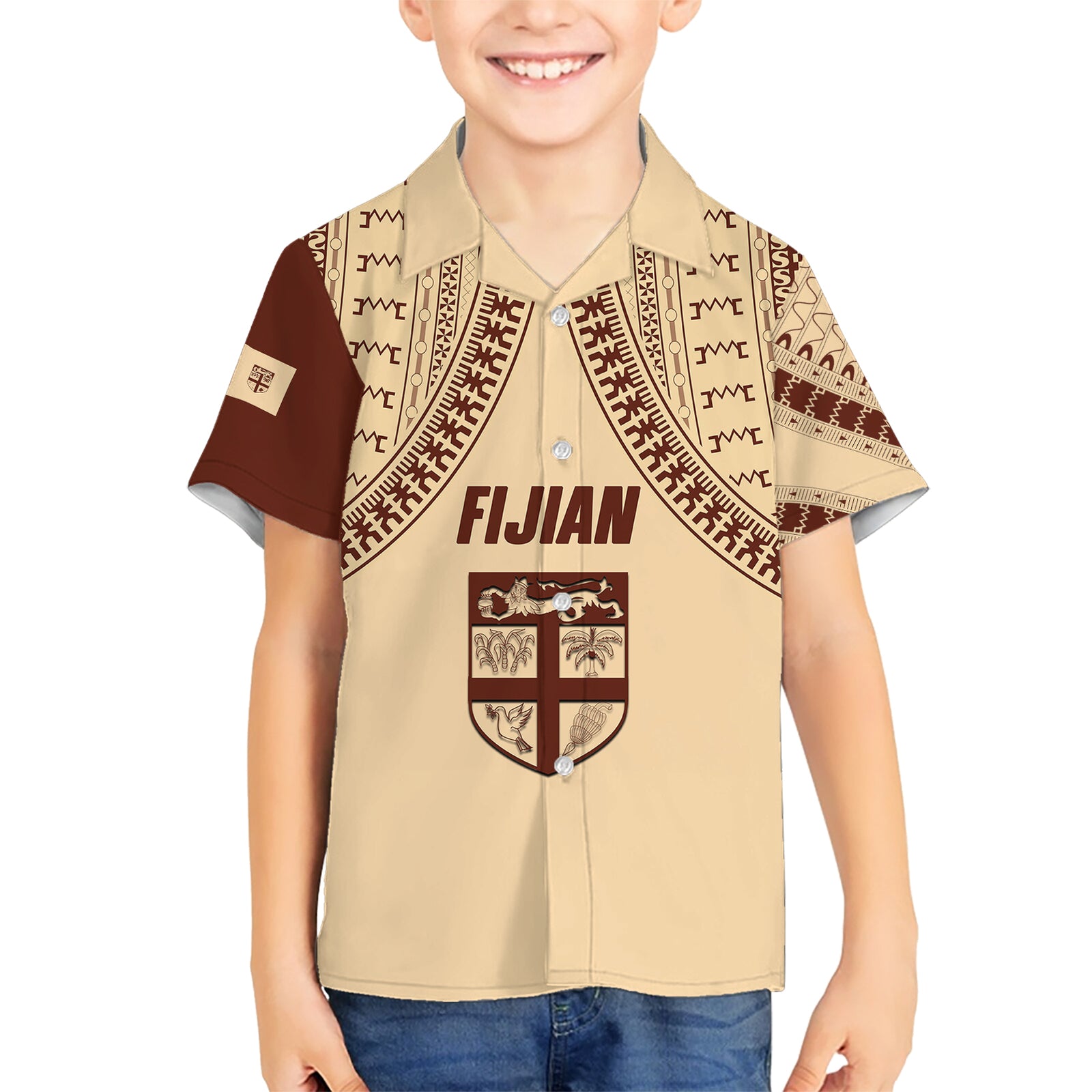 Fiji Bula Kid Hawaiian Shirt Tapa Pattern Design DT02 Kid Beige - Polynesian Pride