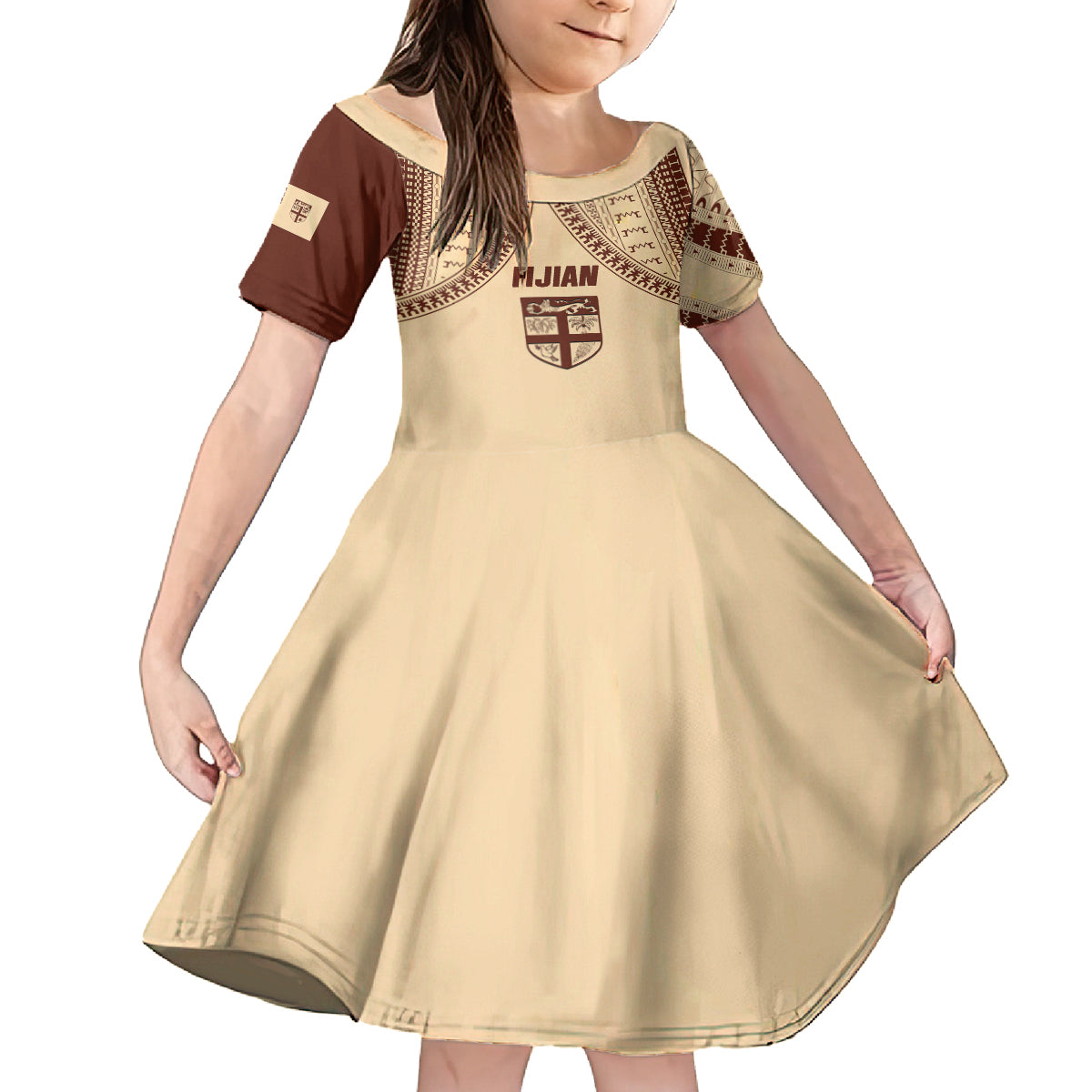 Fiji Bula Kid Short Sleeve Dress Tapa Pattern Design DT02 KID Beige - Polynesian Pride