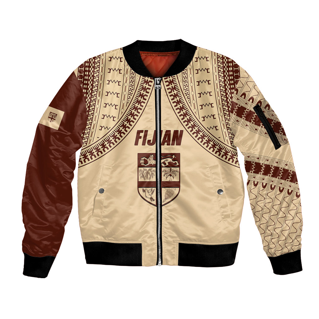 Fiji Bula Sleeve Zip Bomber Jacket Tapa Pattern Design DT02 Unisex Beige - Polynesian Pride