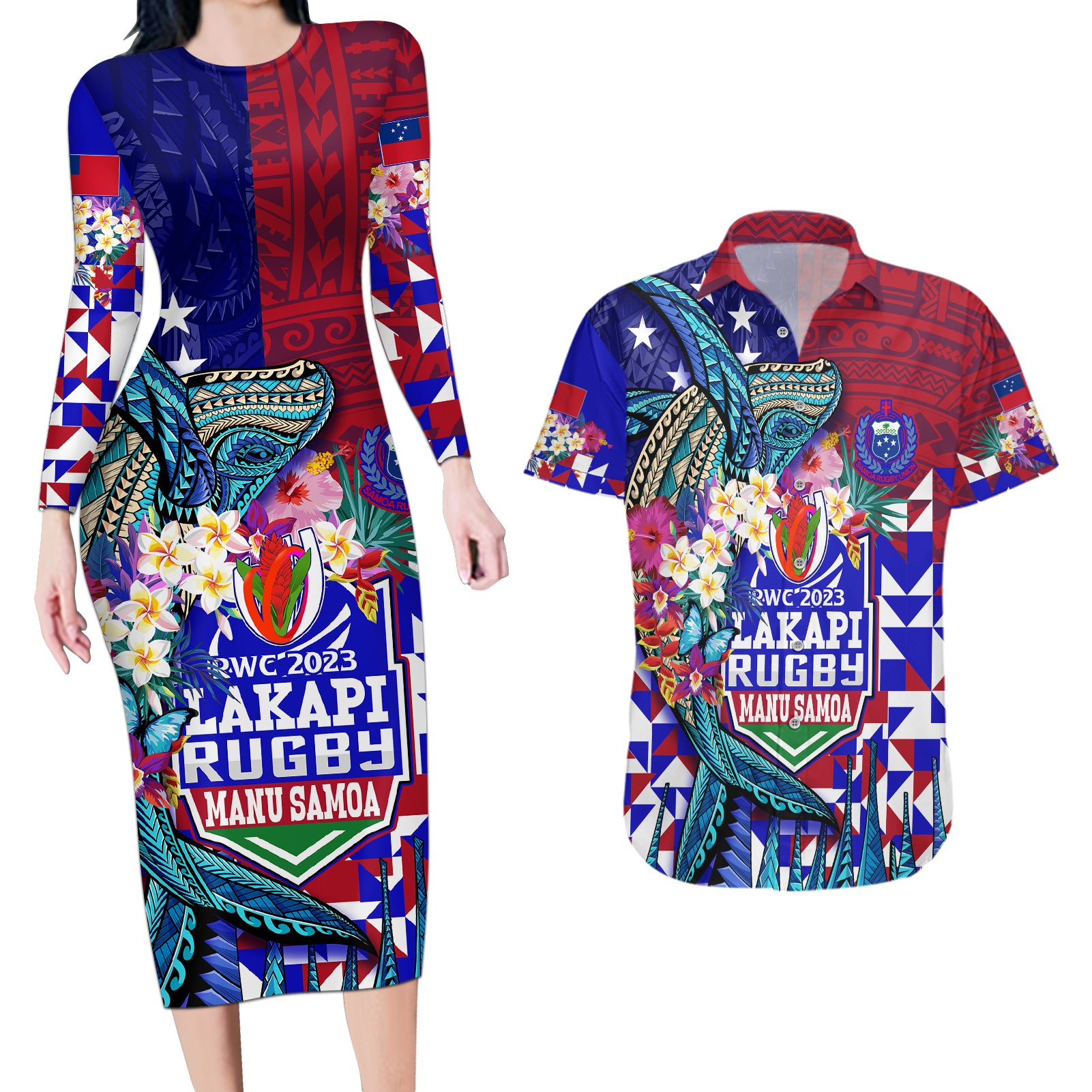 manu-samoa-rugby-2023-couples-matching-long-sleeve-bodycon-dress-and-hawaiian-shirt-humpback-whale-hexagon-tribal-tropical-style