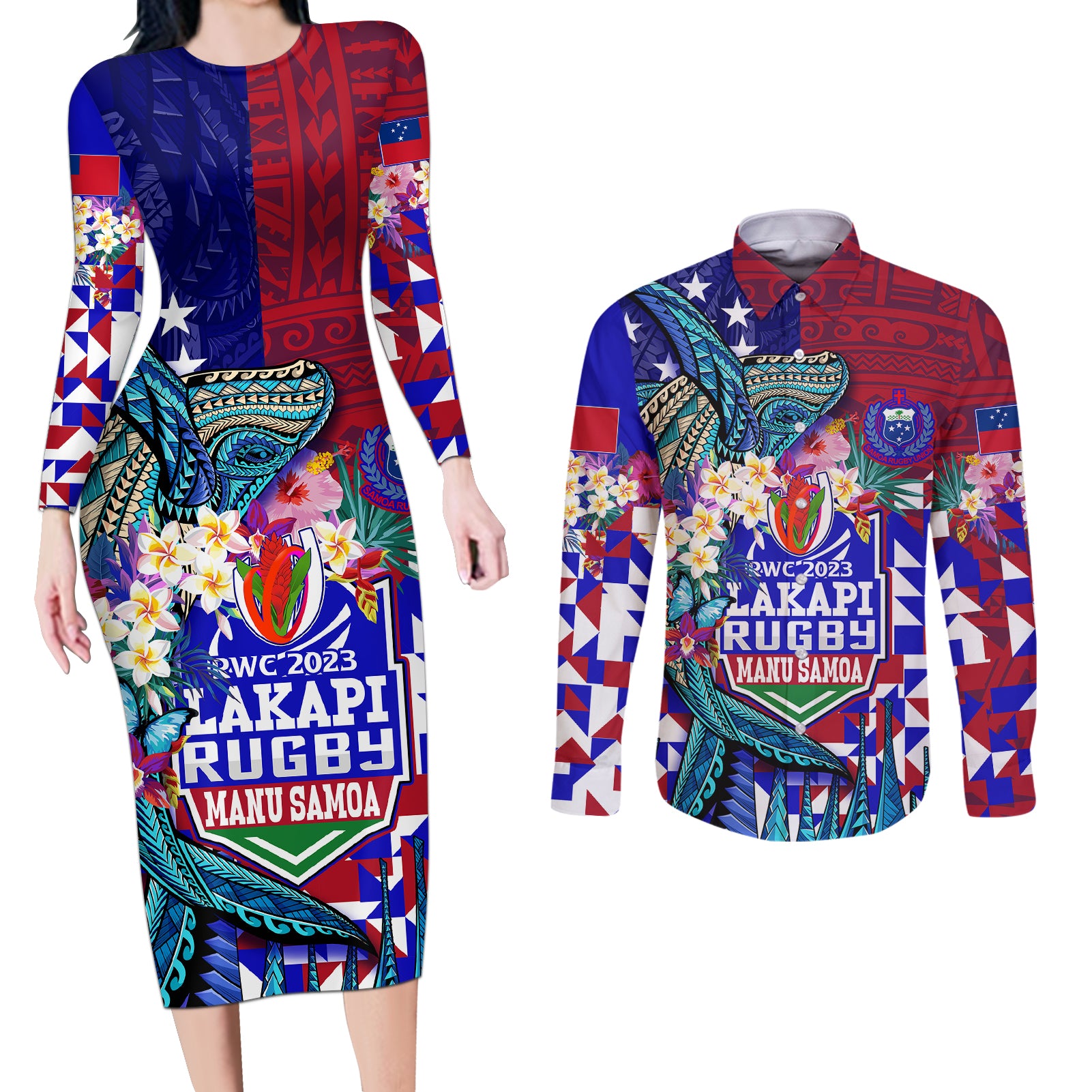 manu-samoa-rugby-2023-couples-matching-long-sleeve-bodycon-dress-and-long-sleeve-button-shirts-humpback-whale-hexagon-tribal-tropical-style