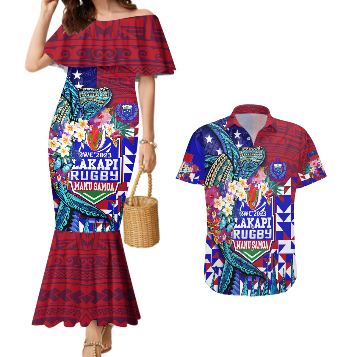 manu-samoa-rugby-2023-couples-matching-mermaid-dress-and-hawaiian-shirt-humpback-whale-hexagon-tribal-tropical-style