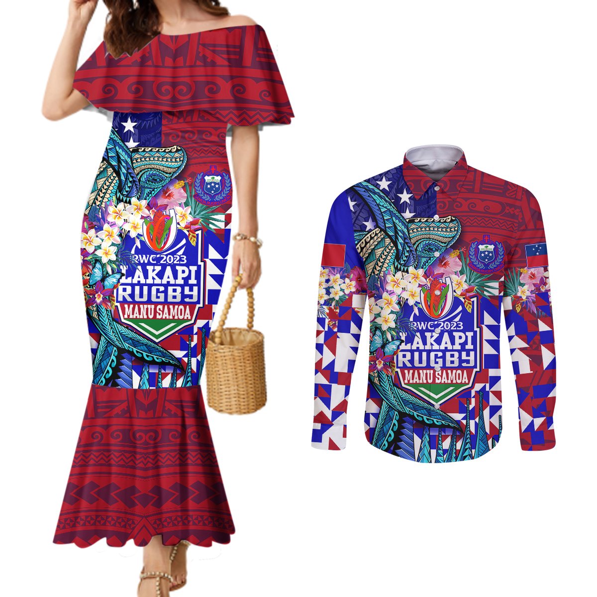 Manu Samoa Rugby 2023 Couples Matching Mermaid Dress and Long Sleeve Button Shirts Humpback Whale Hexagon Tribal Tropical Style DT02 Blue - Polynesian Pride