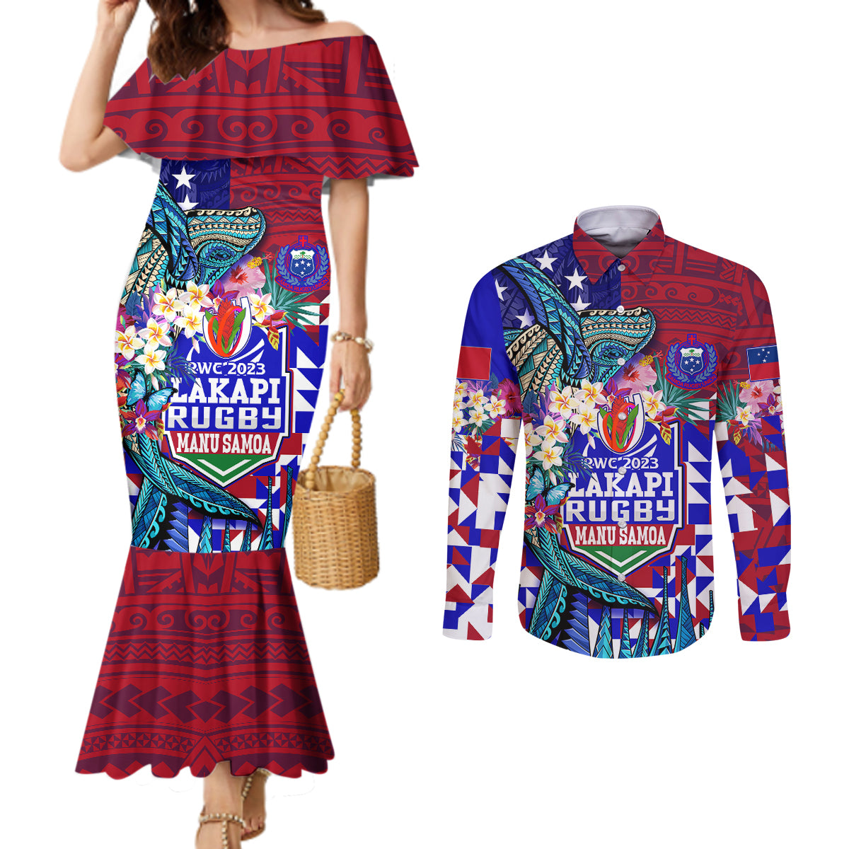 manu-samoa-rugby-2023-couples-matching-mermaid-dress-and-long-sleeve-button-shirts-humpback-whale-hexagon-tribal-tropical-style