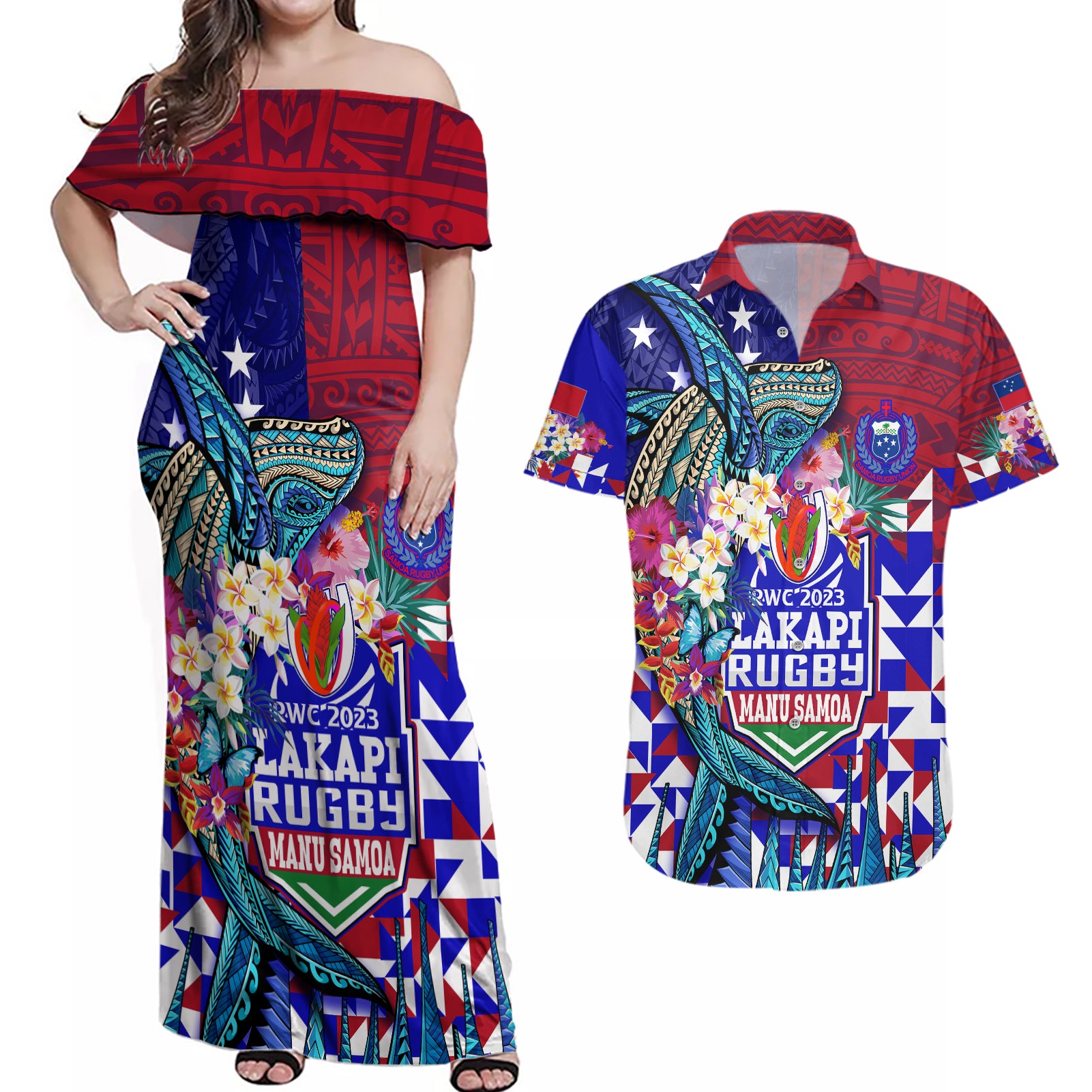 manu-samoa-rugby-2023-couples-matching-off-shoulder-maxi-dress-and-hawaiian-shirt-humpback-whale-hexagon-tribal-tropical-style