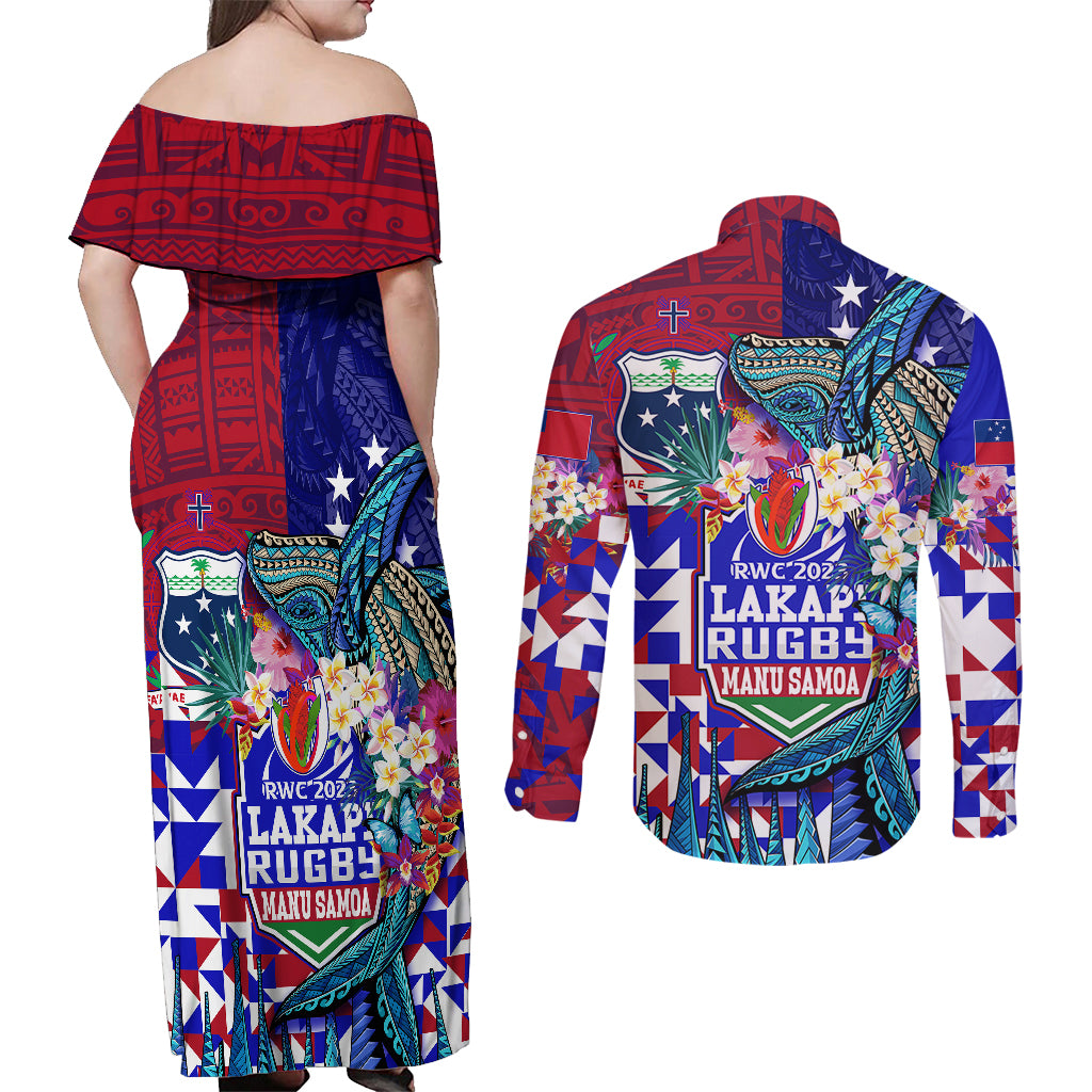 Manu Samoa Rugby 2023 Couples Matching Off Shoulder Maxi Dress and Long Sleeve Button Shirts Humpback Whale Hexagon Tribal Tropical Style DT02 - Polynesian Pride