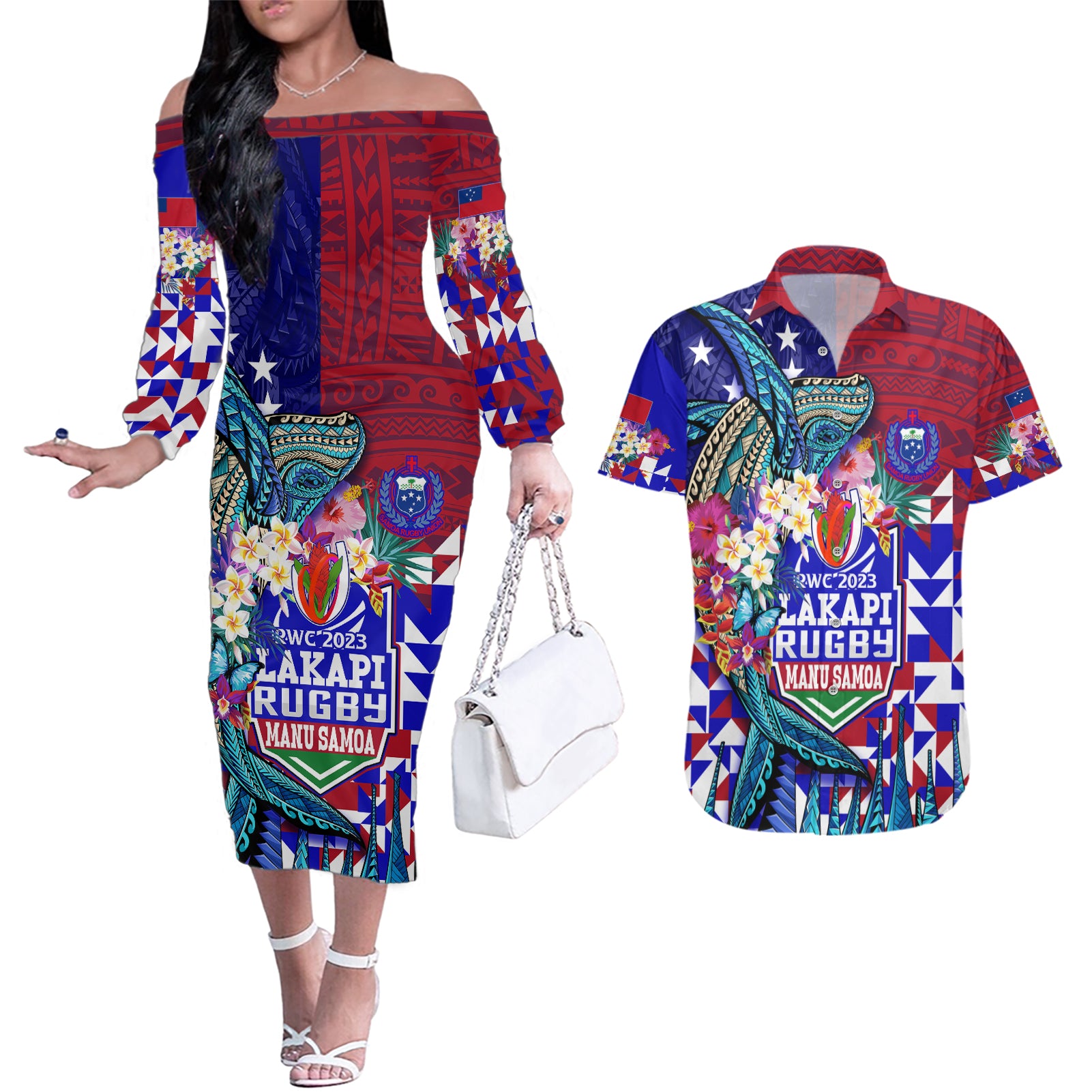 manu-samoa-rugby-2023-couples-matching-off-the-shoulder-long-sleeve-dress-and-hawaiian-shirt-humpback-whale-hexagon-tribal-tropical-style